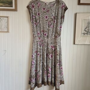 White House Black Market Pink Floral Cinched Wais Midi Dress with Leopard Print